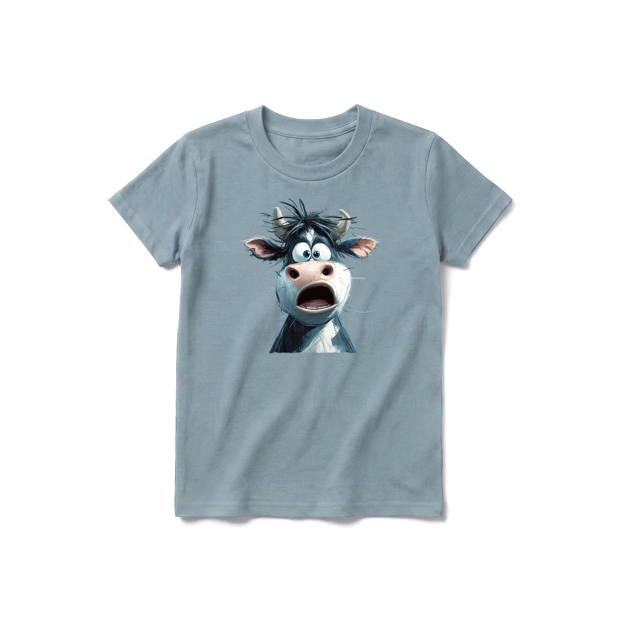 Un T-shirt sauge à manches courtes et col rond pour jeune, orné d'un motif représentant un animal de la ferme sur le devant.