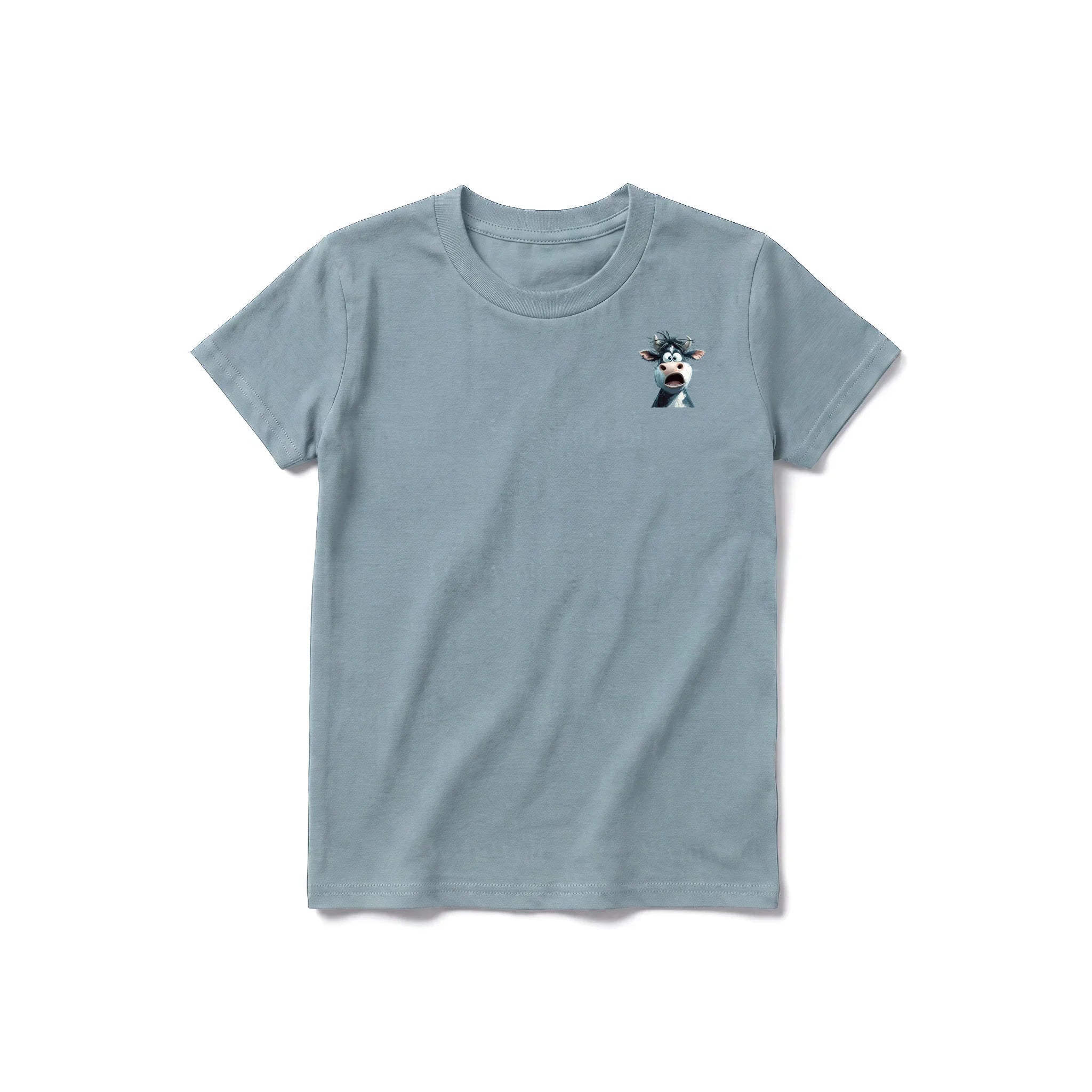 Un T-shirt sauge à manches courtes et col rond pour jeune, orné d'un motif représentant un animal de la ferme sur la poitrine gauche.