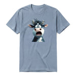 A steel-blue short-sleeve crewneck t-shirt for adult featuring a graphic of a farm animal on the front.