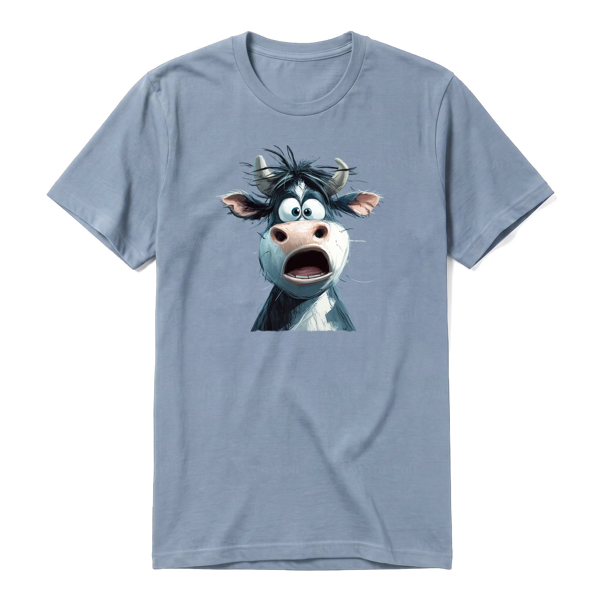 A steel-blue short-sleeve crewneck t-shirt for adult featuring a graphic of a farm animal on the front.