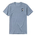 A steel-blue short-sleeve crewneck t-shirt for adult featuring a graphic of a farm animal on the left chest.