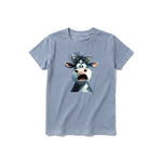 A steel-blue short-sleeve crewneck t-shirt for youth featuring a graphic of a farm animal on the front.