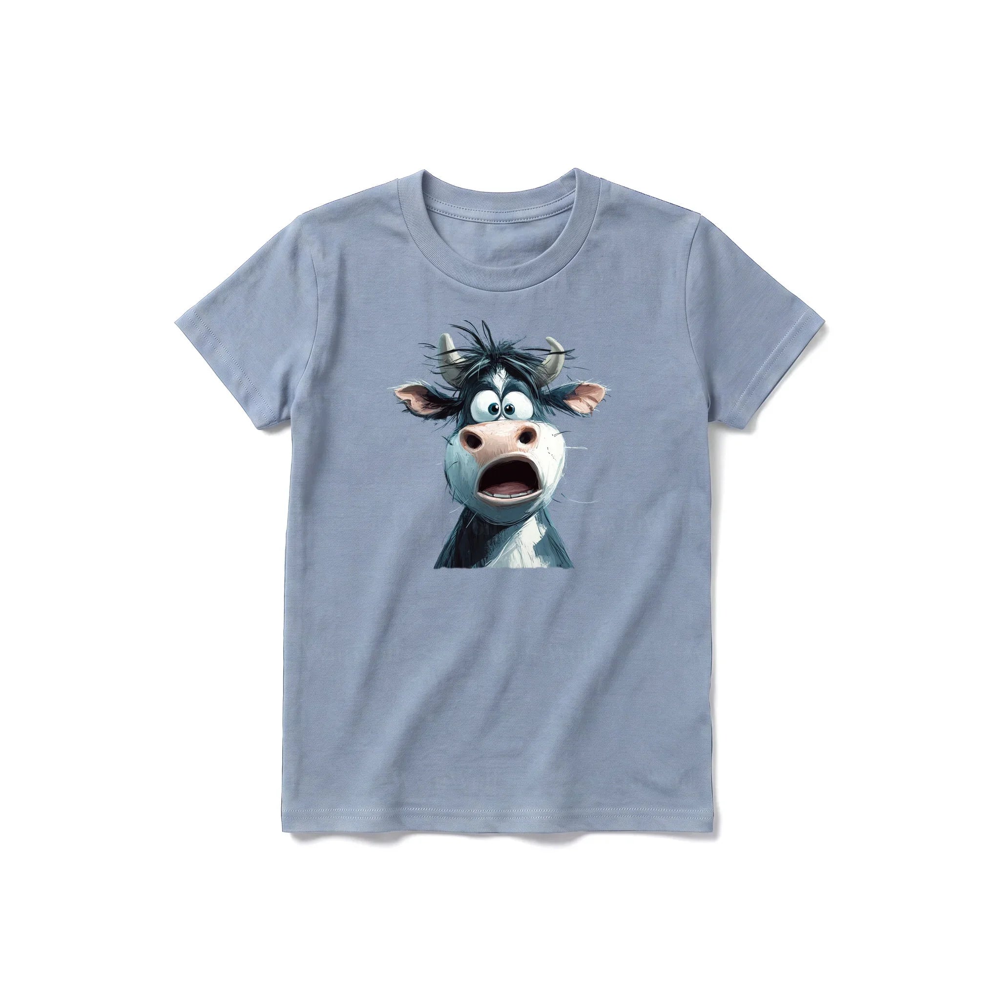 A steel-blue short-sleeve crewneck t-shirt for youth featuring a graphic of a farm animal on the front.