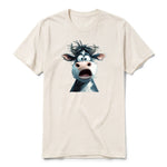 Un T-shirt blanc vintage à manches courtes et col rond, orné d'un motif représentant un animal de la ferme sur le devant.