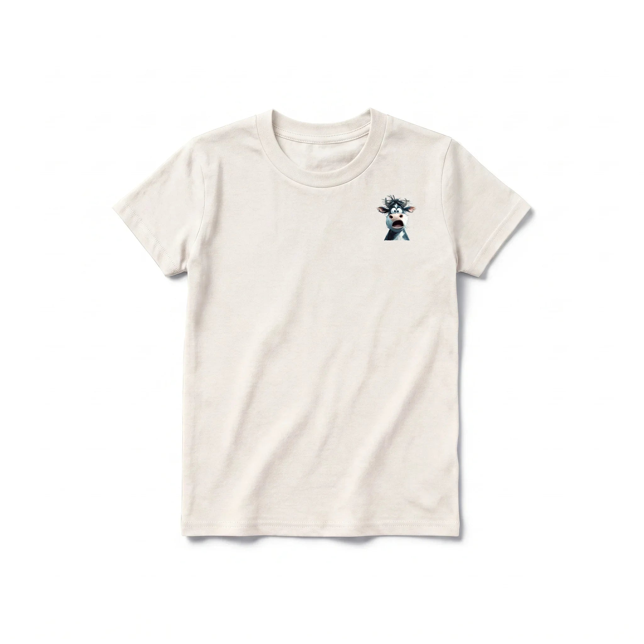 Un T-shirt blanc vintage à manches courtes et col rond pour jeune, orné d'un motif représentant un animal de la ferme sur la poitrine gauche.