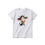 Un T-shirt gris cendré à manches courtes et col rond pour jeune, orné d'un motif représentant un animal de la ferme sur le devant.