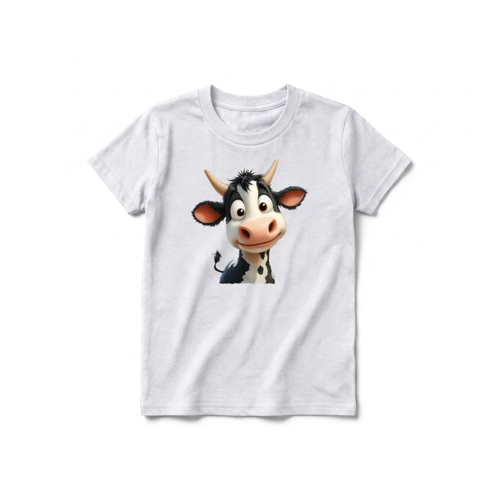 Un T-shirt gris cendré à manches courtes et col rond pour jeune, orné d'un motif représentant un animal de la ferme sur le devant.