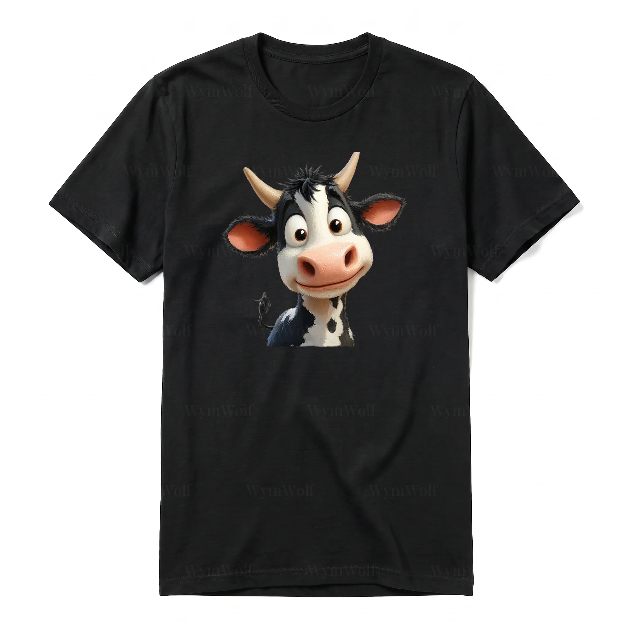 Un T-shirt noir à manches courtes et col rond, orné d'un motif représentant un animal de la ferme sur le devant.