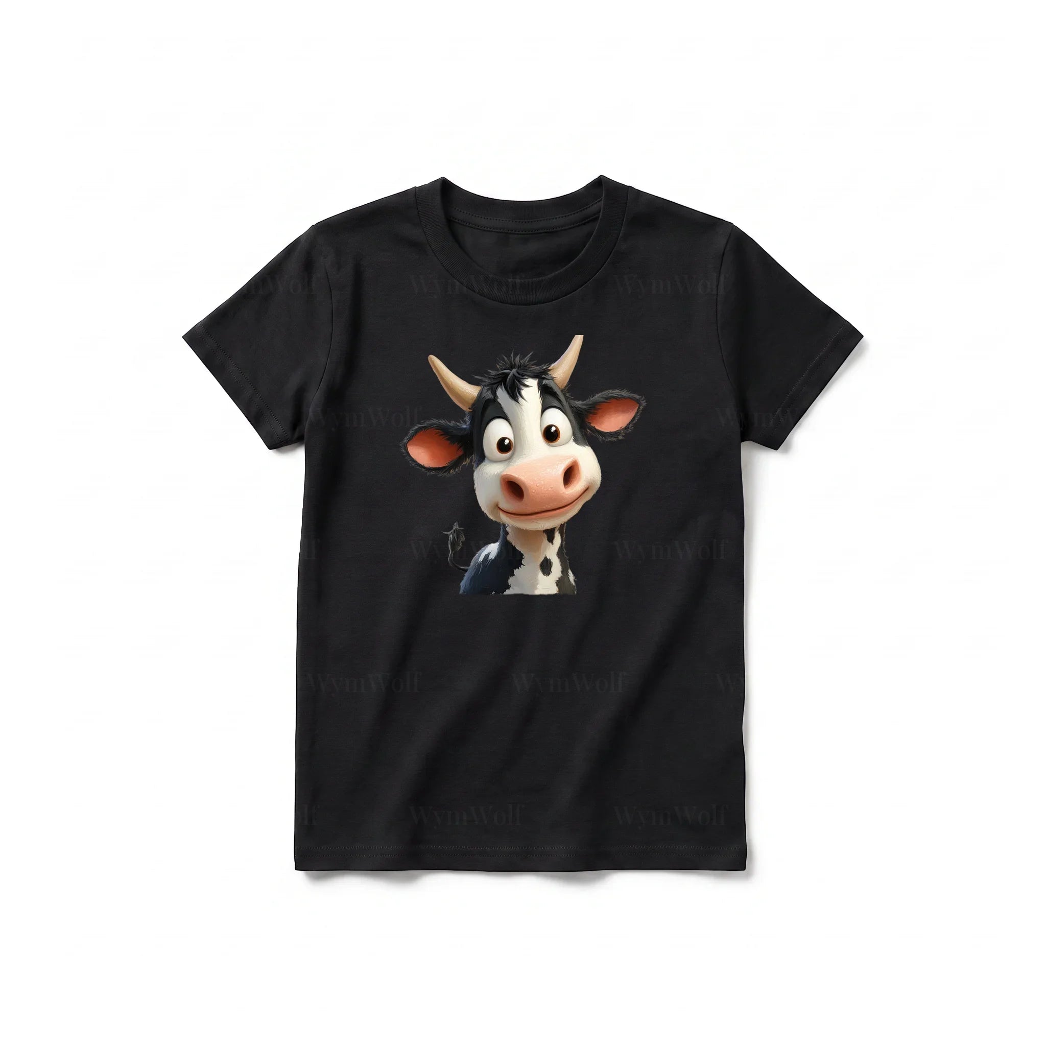 Un T-shirt noir à manches courtes et col rond pour jeune, orné d'un motif représentant un animal de la ferme sur le devant.