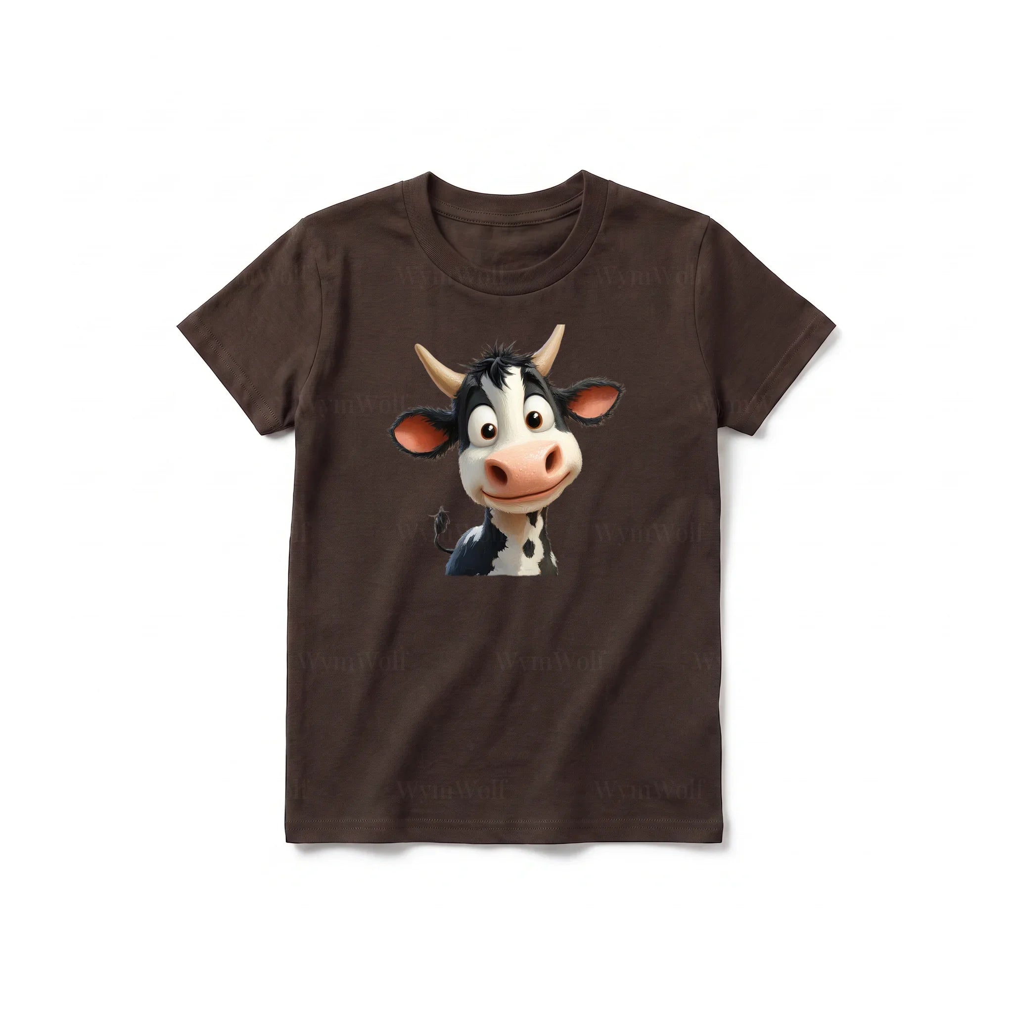 Un T-shirt chocolat à manches courtes et col rond pour jeune, orné d'un motif représentant un animal de la ferme sur le devant.