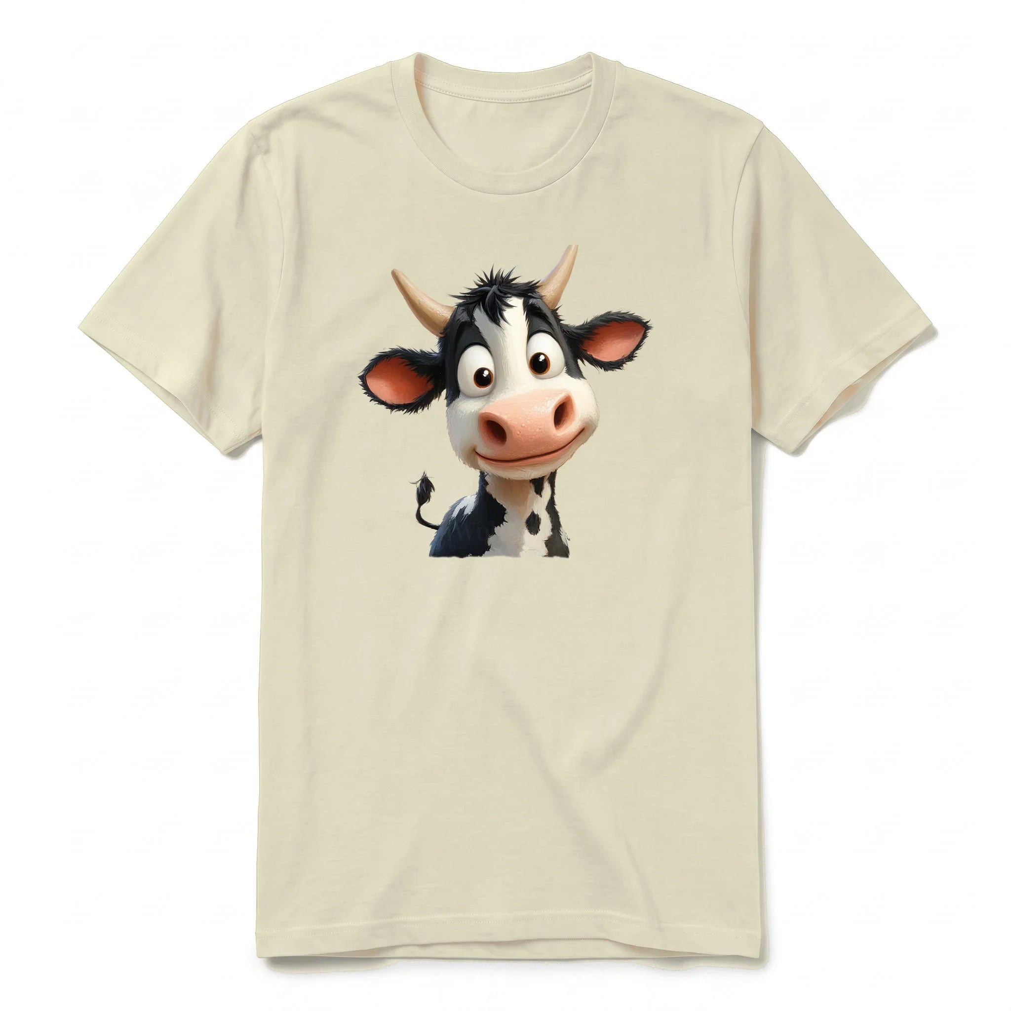 Un T-shirt latte à manches courtes et col rond, orné d'un motif représentant un animal de la ferme sur le devant.
