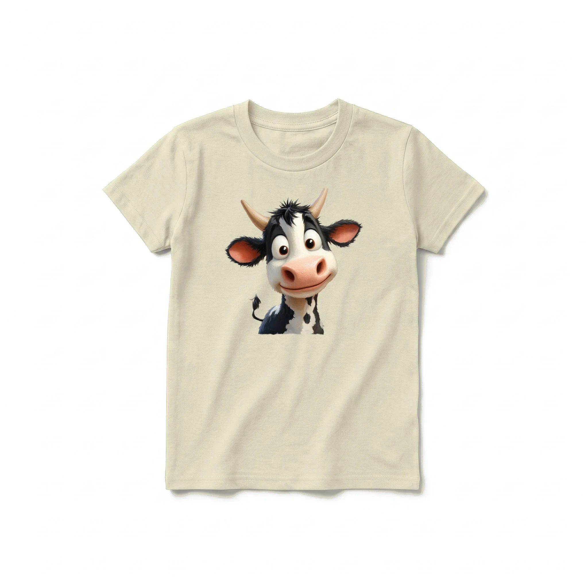 Un T-shirt latte à manches courtes et col rond pour jeune, orné d'un motif représentant un animal de la ferme sur le devant.