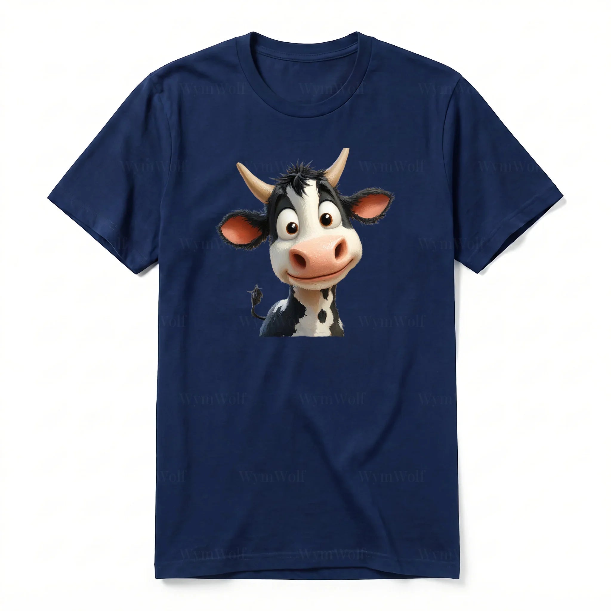 Un T-shirt marine à manches courtes et col rond, orné d'un motif représentant un animal de la ferme sur le devant.