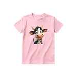 Un T-shirt rose à manches courtes et col rond pour jeune, orné d'un motif représentant un animal de la ferme sur le devant.