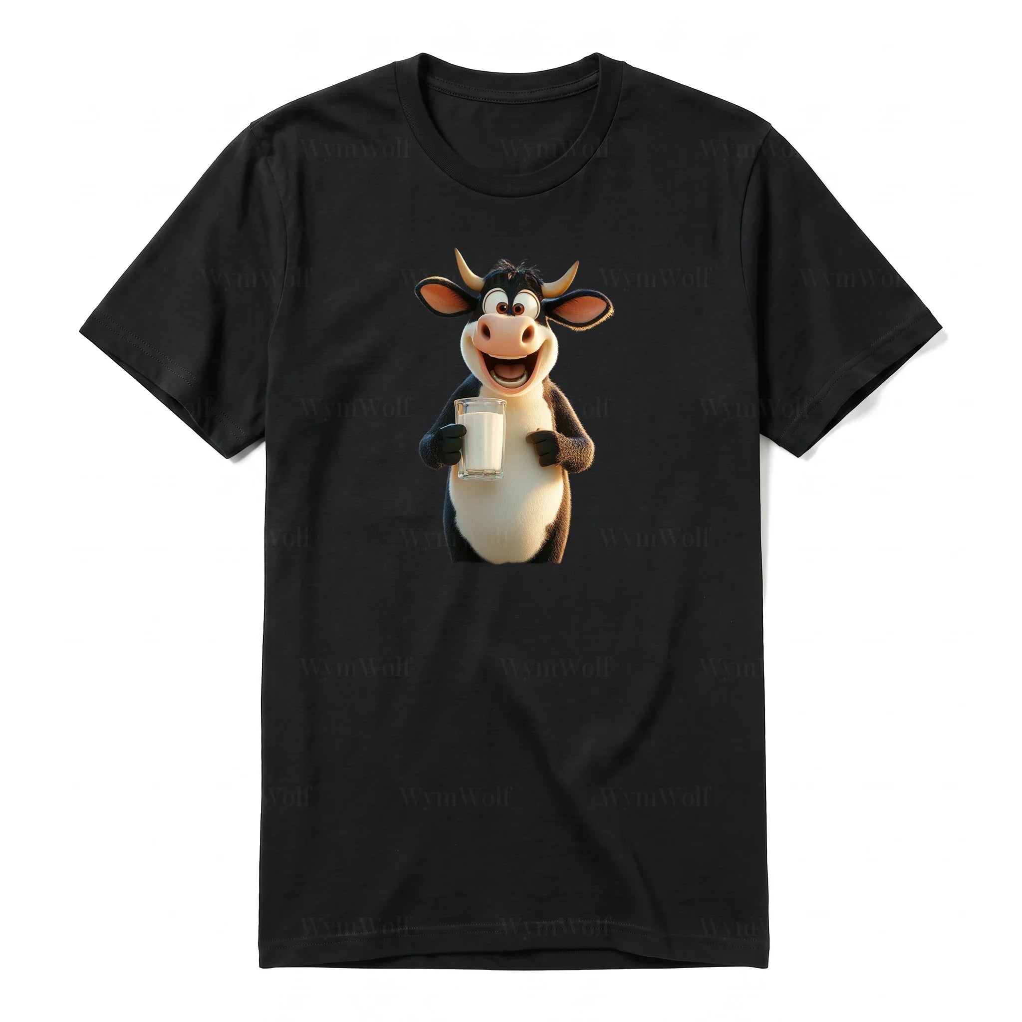 Un T-shirt noir à manches courtes et col rond, orné d'un motif représentant un animal de la ferme sur le devant.