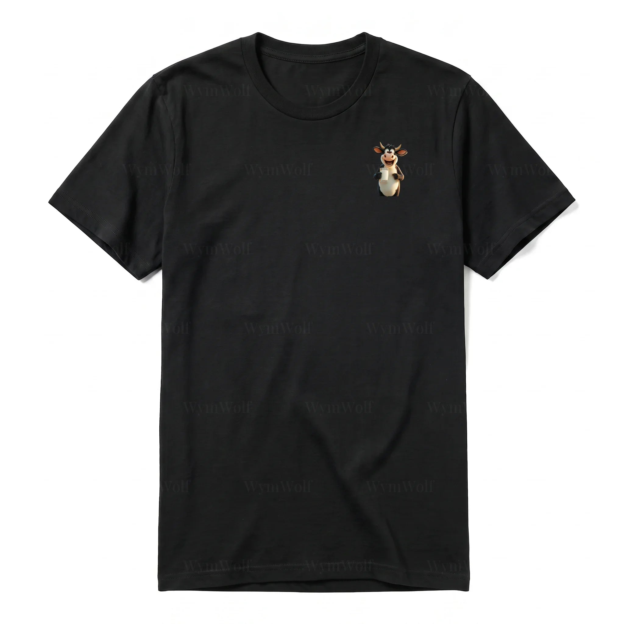 Un T-shirt noir à manches courtes et col rond, orné d'un motif représentant un animal de la ferme sur la poitrine gauche.