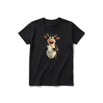 Un T-shirt noir à manches courtes et col rond pour jeune, orné d'un motif représentant un animal de la ferme sur le devant.