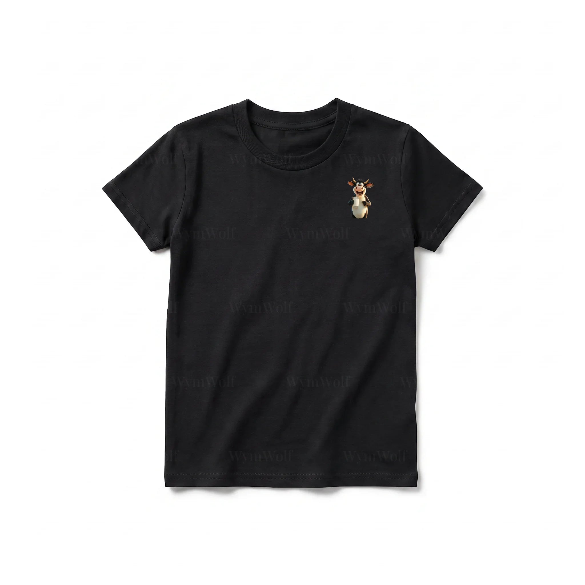 Un T-shirt noir à manches courtes et col rond pour jeune, orné d'un motif représentant un animal de la ferme sur la poitrine gauche.