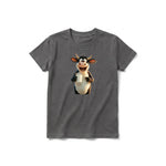 Un T-shirt charbon à manches courtes et col rond pour jeune, orné d'un motif représentant un animal de la ferme sur le devant.