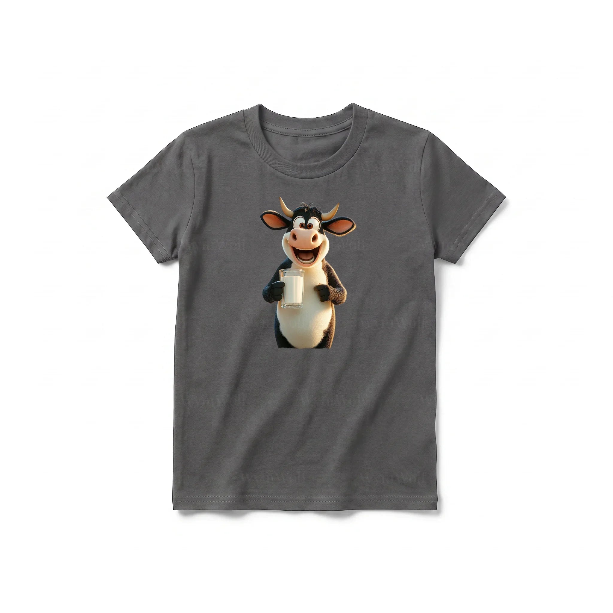 Un T-shirt charbon à manches courtes et col rond pour jeune, orné d'un motif représentant un animal de la ferme sur le devant.