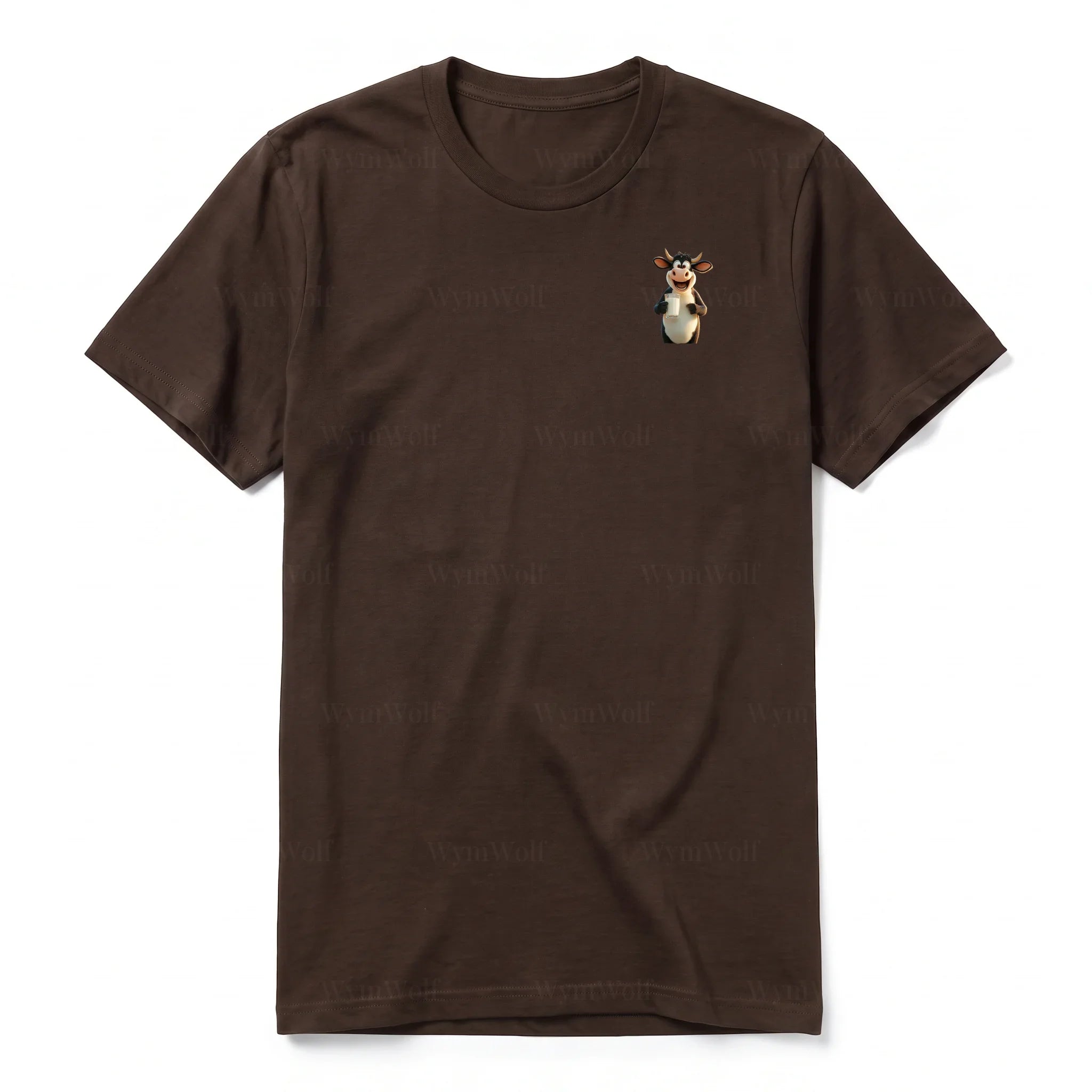 A chocolate short-sleeve crewneck t-shirt for adult featuring a graphic of a farm animal on the left chest.