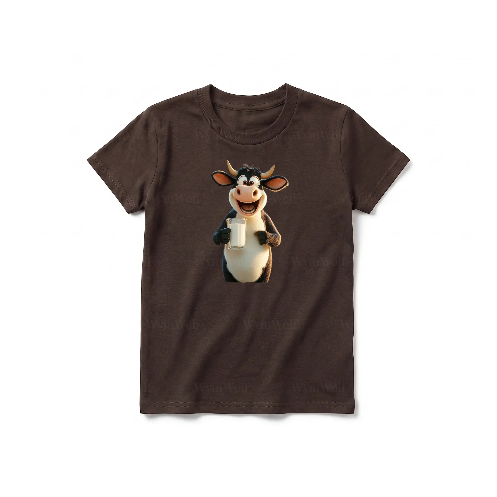 A chocolate short-sleeve crewneck t-shirt for youth featuring a graphic of a farm animal on the front.