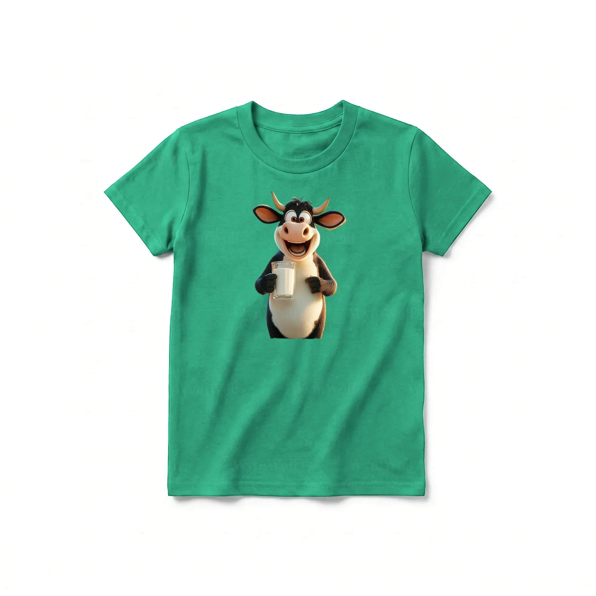 Un T-shirt kelly à manches courtes et col rond pour jeune, orné d'un motif représentant un animal de la ferme sur le devant.