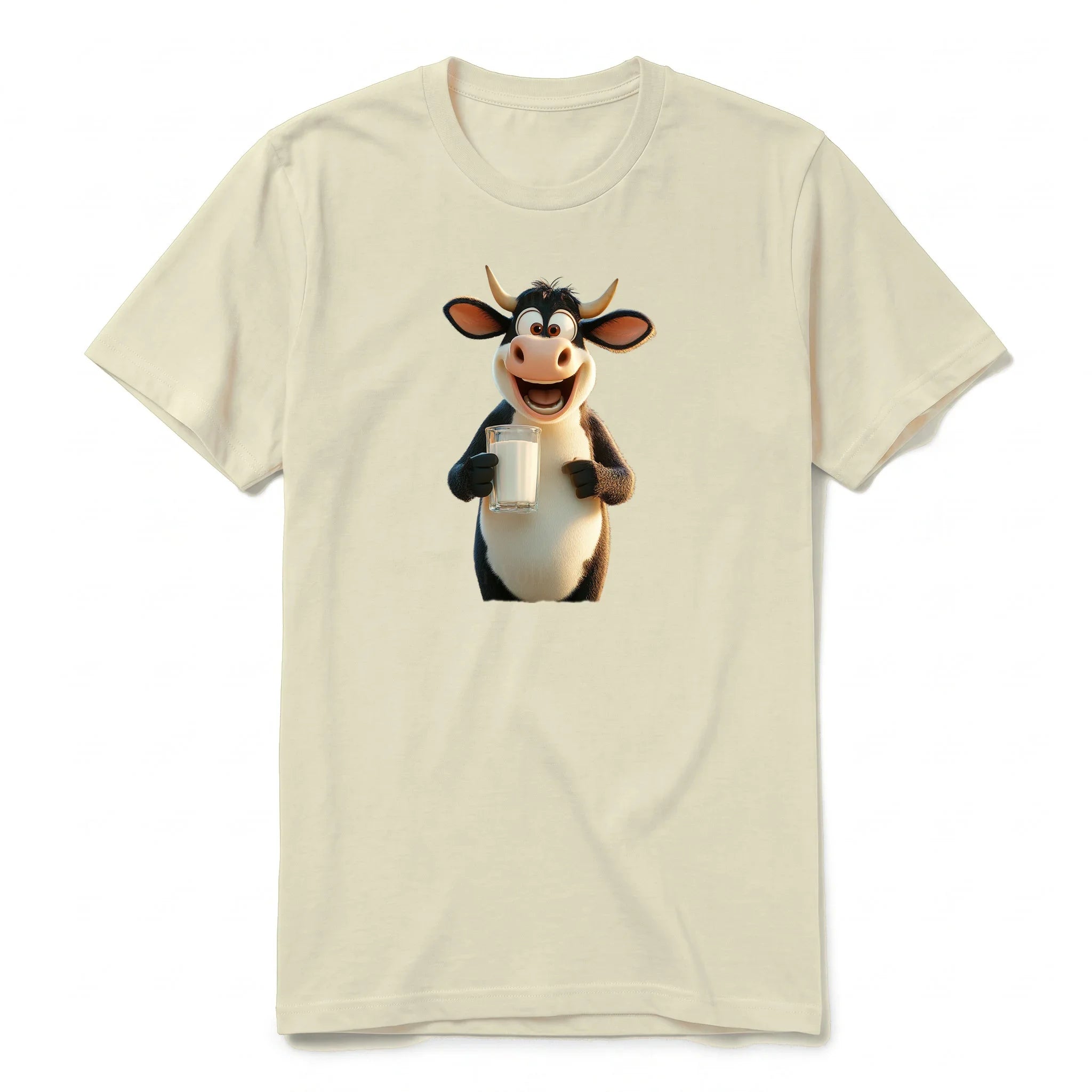 A latte short-sleeve crewneck t-shirt for adult featuring a graphic of a farm animal on the front.