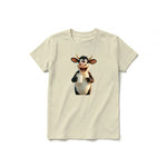 A latte short-sleeve crewneck t-shirt for youth featuring a graphic of a farm animal on the front.