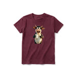A maroon short-sleeve crewneck t-shirt for youth featuring a graphic of a farm animal on the front.