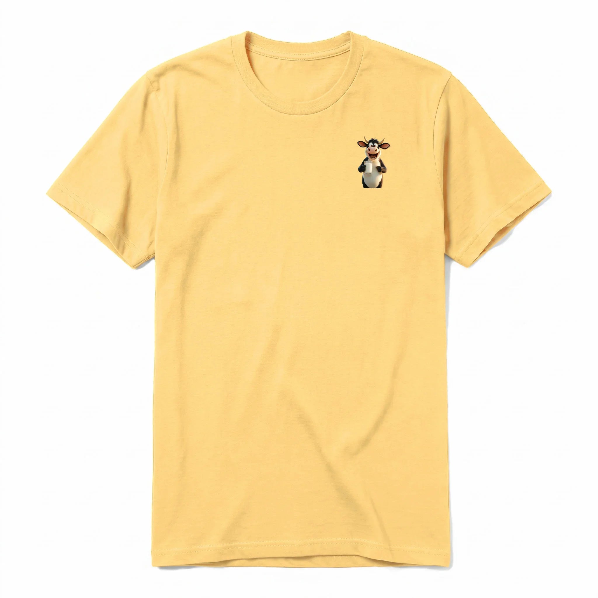 Un T-shirt moutarde à manches courtes et col rond, orné d'un motif représentant un animal de la ferme sur la poitrine gauche.