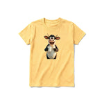 Un T-shirt moutarde à manches courtes et col rond pour jeune, orné d'un motif représentant un animal de la ferme sur le devant.