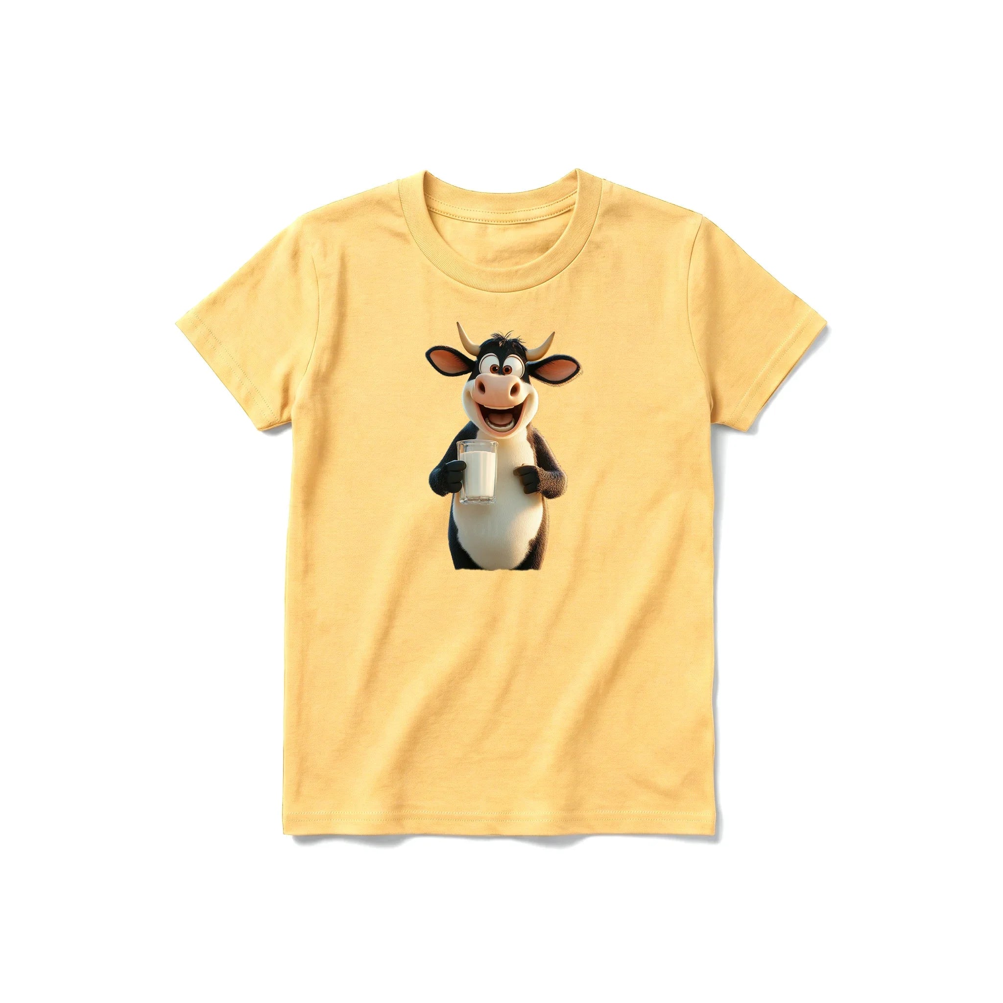 Un T-shirt moutarde à manches courtes et col rond pour jeune, orné d'un motif représentant un animal de la ferme sur le devant.