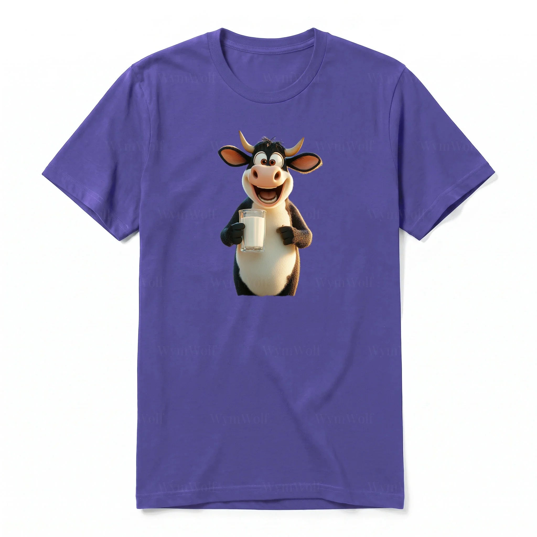 Un T-shirt violet à manches courtes et col rond, orné d'un motif représentant un animal de la ferme sur le devant.
