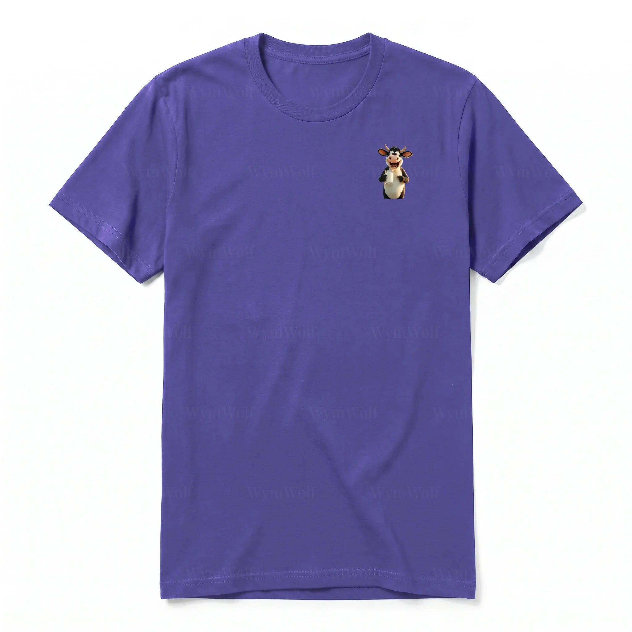 Un T-shirt violet à manches courtes et col rond, orné d'un motif représentant un animal de la ferme sur la poitrine gauche.