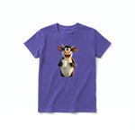Un T-shirt violet à manches courtes et col rond pour jeune, orné d'un motif représentant un animal de la ferme sur le devant.