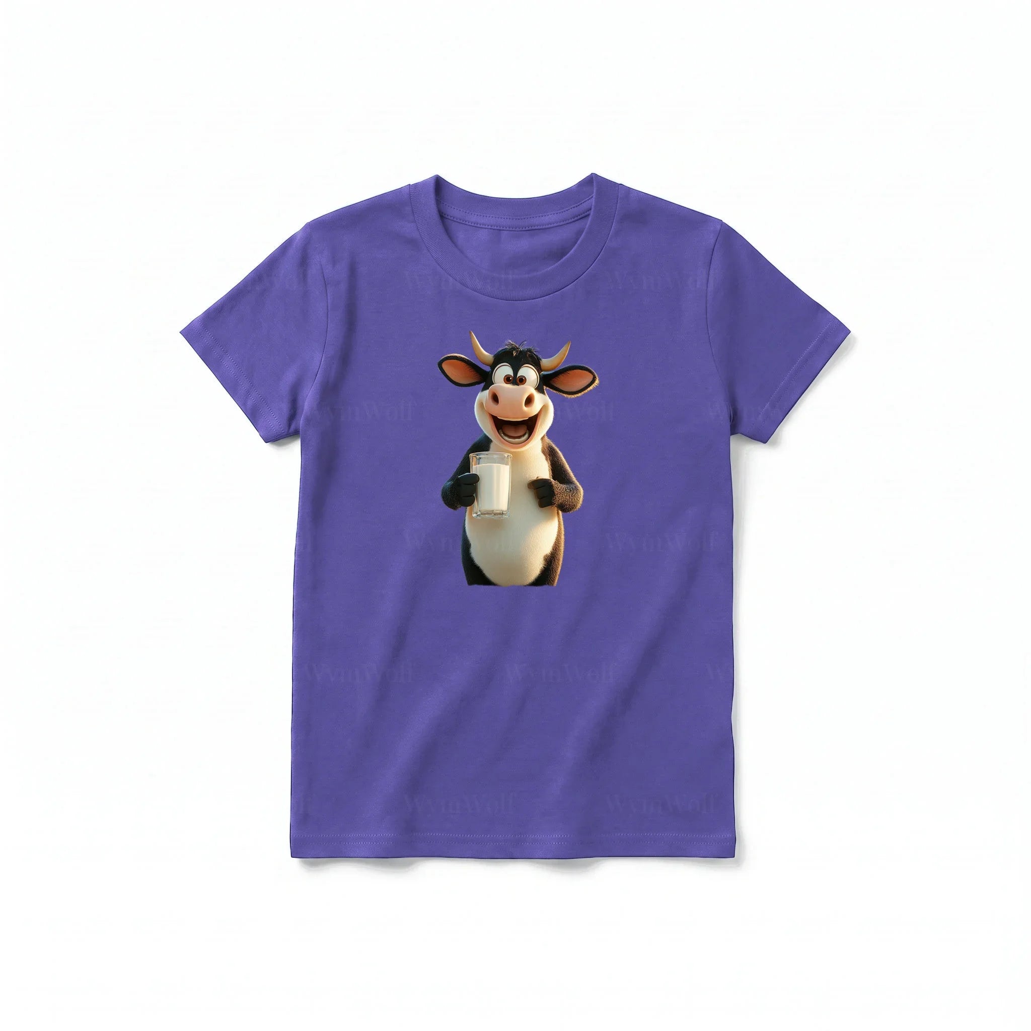 Un T-shirt violet à manches courtes et col rond pour jeune, orné d'un motif représentant un animal de la ferme sur le devant.