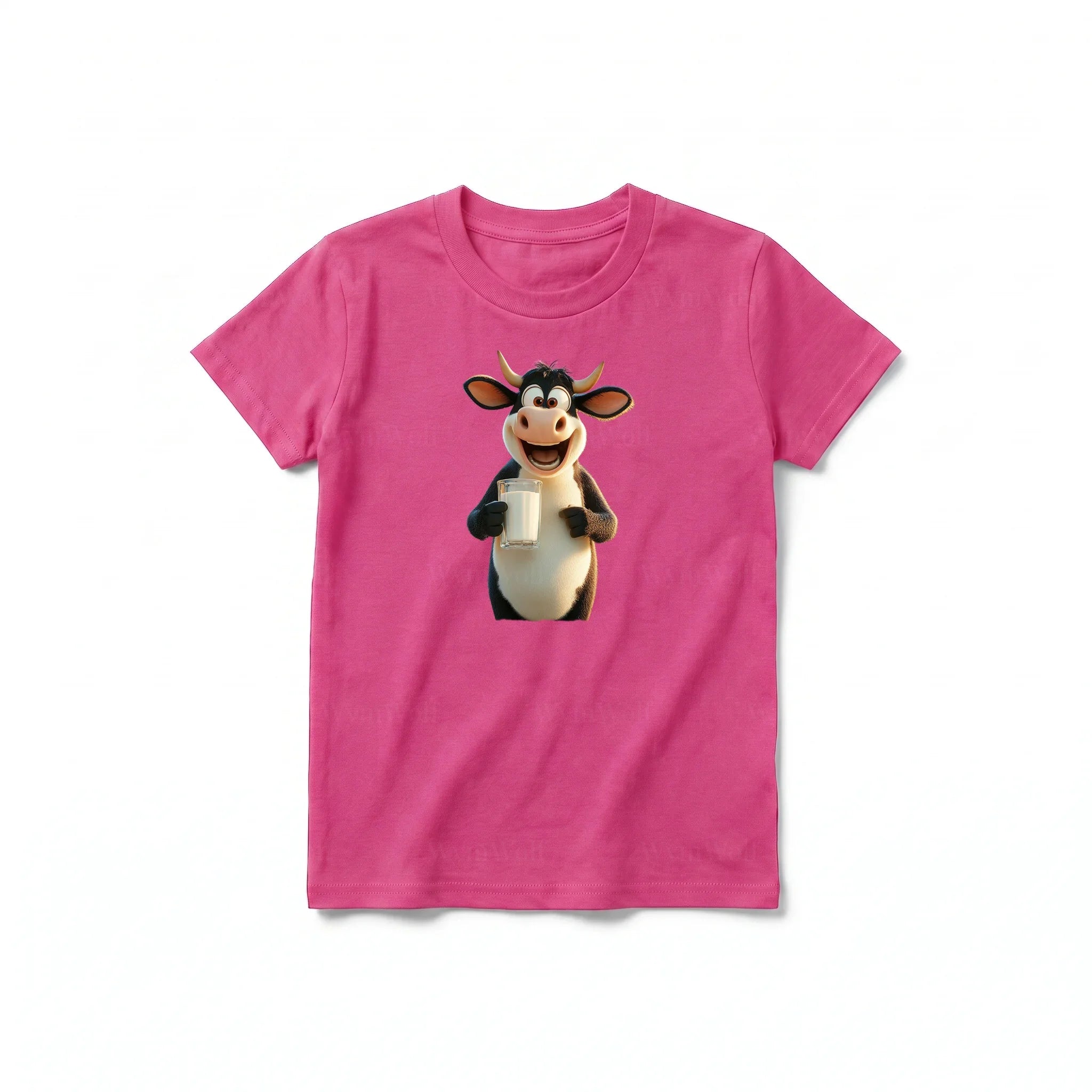 A raspberry short-sleeve crewneck t-shirt for youth featuring a graphic of a farm animal on the front.