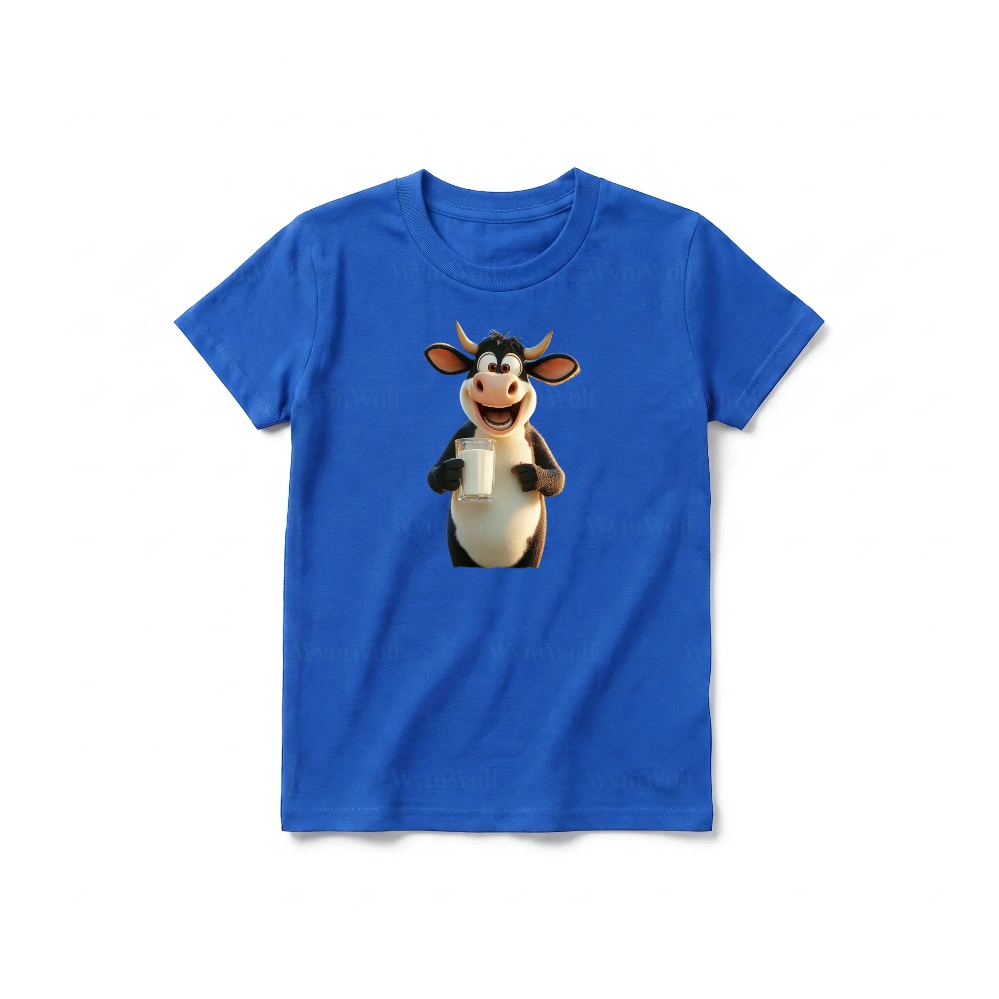Un T-shirt royal à manches courtes et col rond pour jeune, orné d'un motif représentant un animal de la ferme sur le devant.
