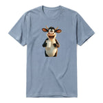 A steel-blue short-sleeve crewneck t-shirt for adult featuring a graphic of a farm animal on the front.