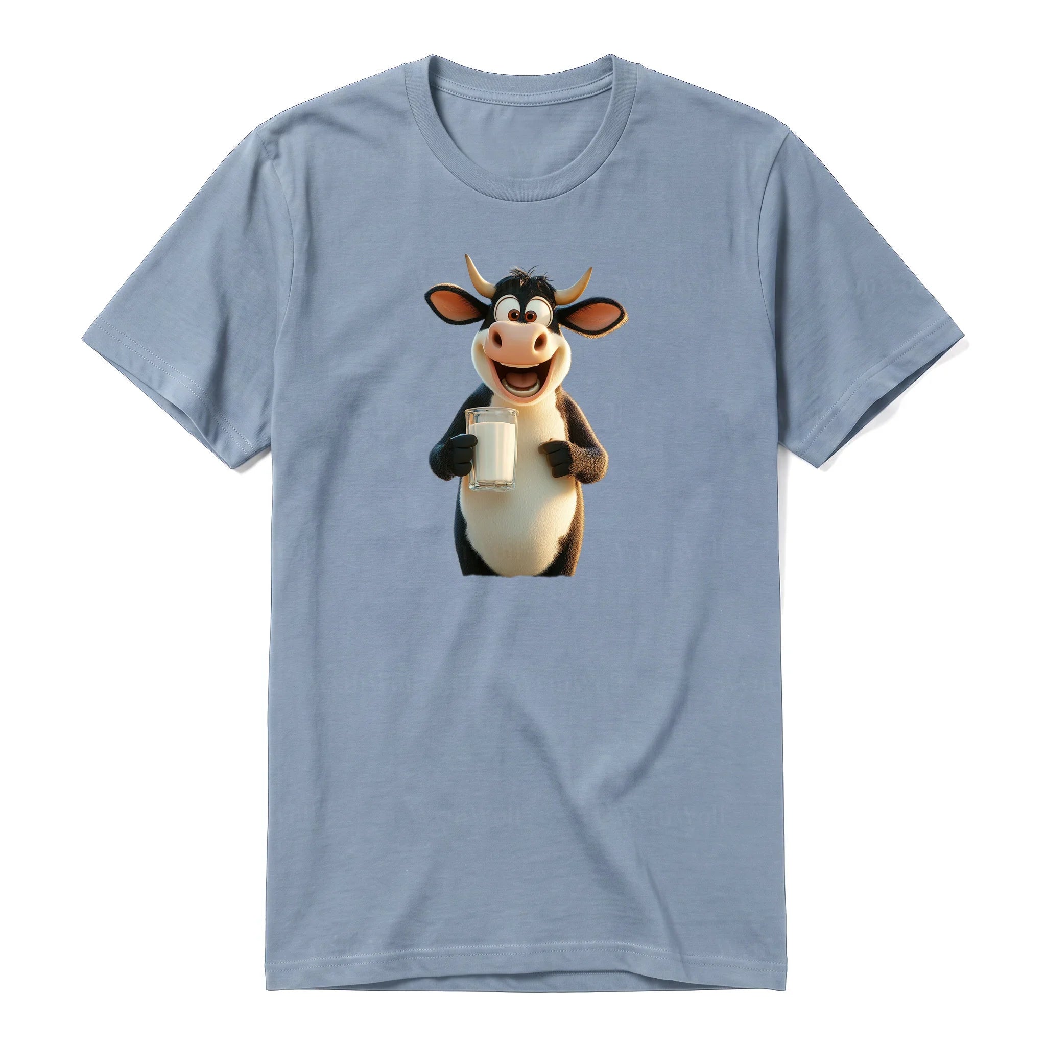 A steel-blue short-sleeve crewneck t-shirt for adult featuring a graphic of a farm animal on the front.