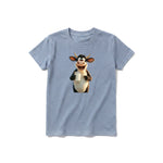 A steel-blue short-sleeve crewneck t-shirt for youth featuring a graphic of a farm animal on the front.