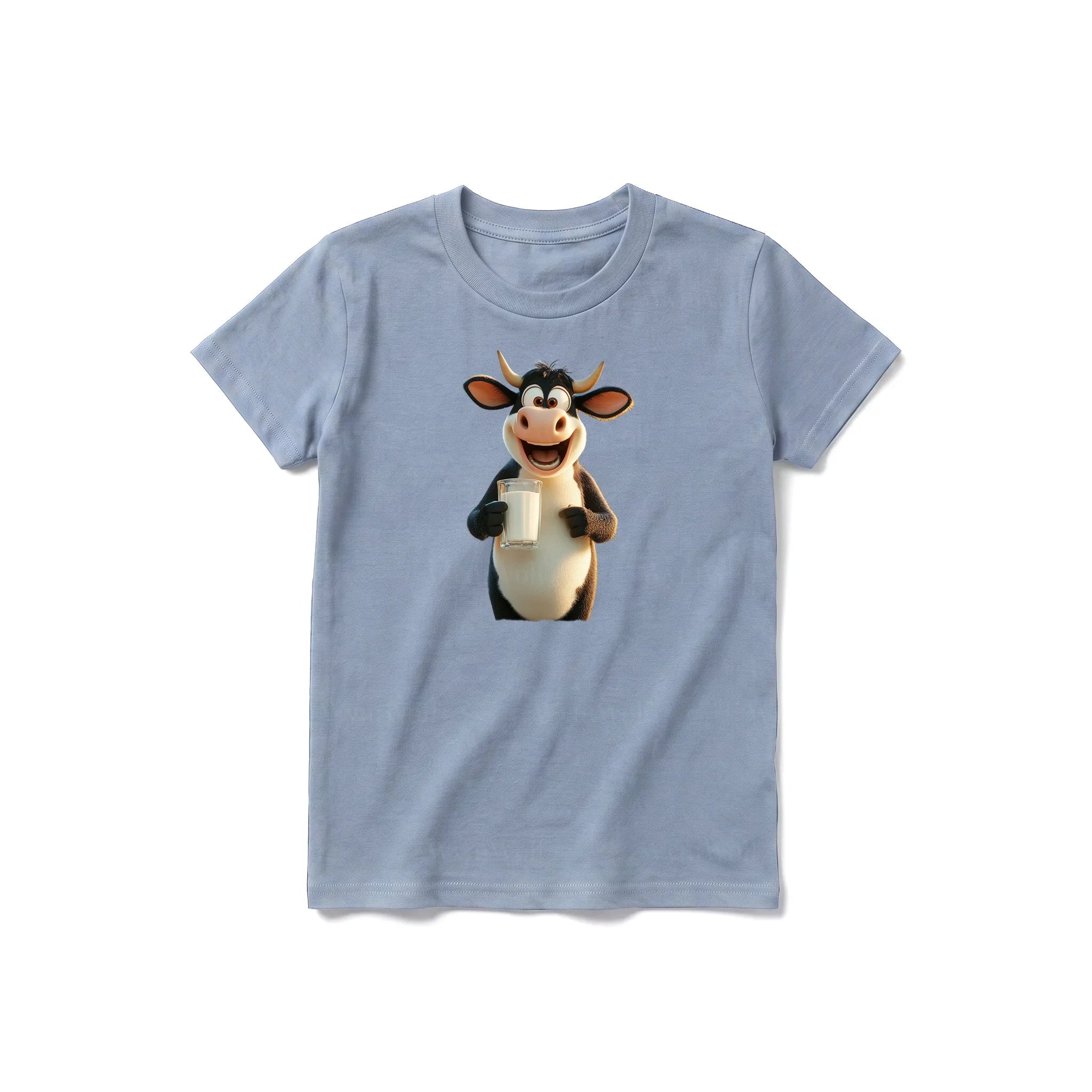 A steel-blue short-sleeve crewneck t-shirt for youth featuring a graphic of a farm animal on the front.