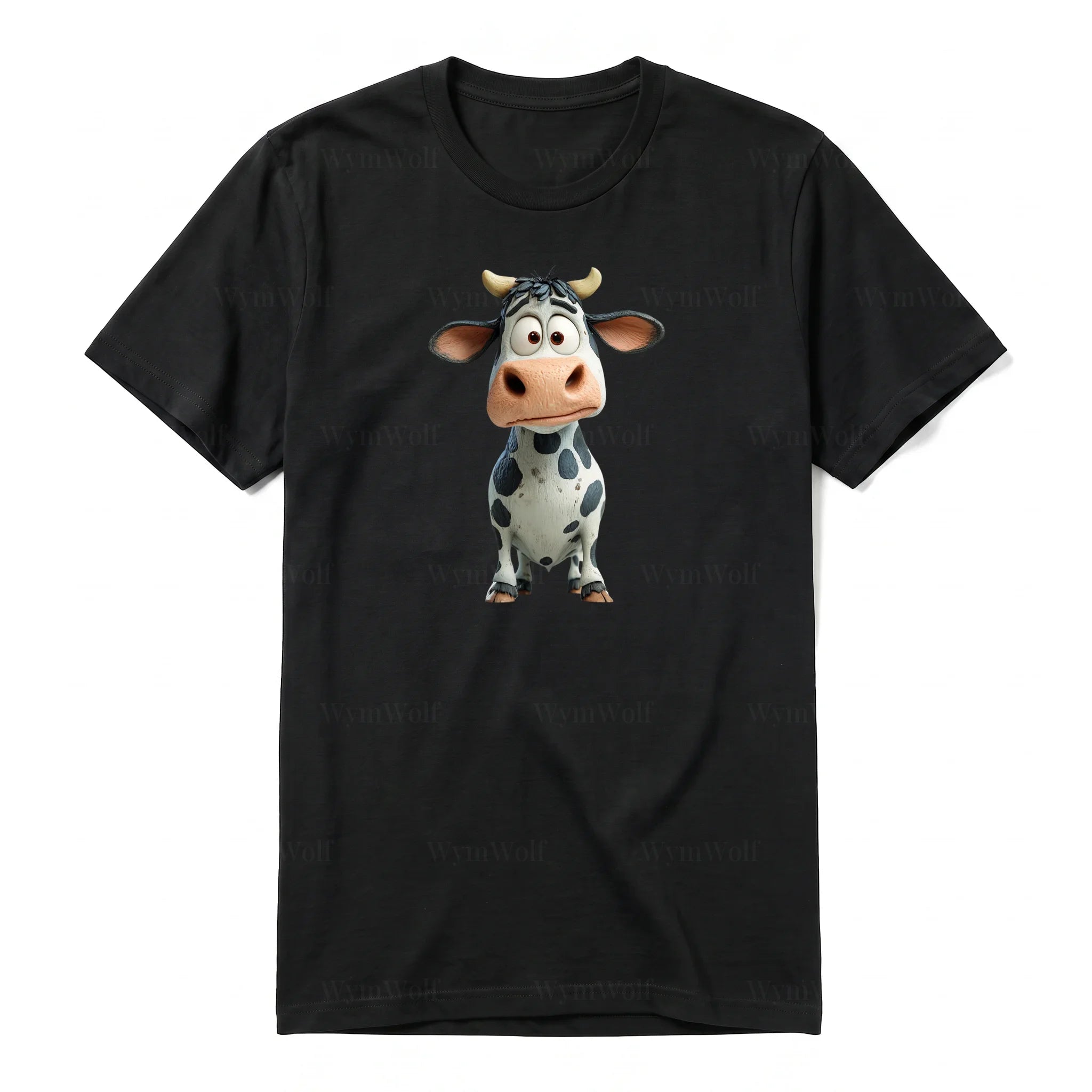 A black short-sleeve crewneck t-shirt for adult featuring a graphic of a farm animal on the front.