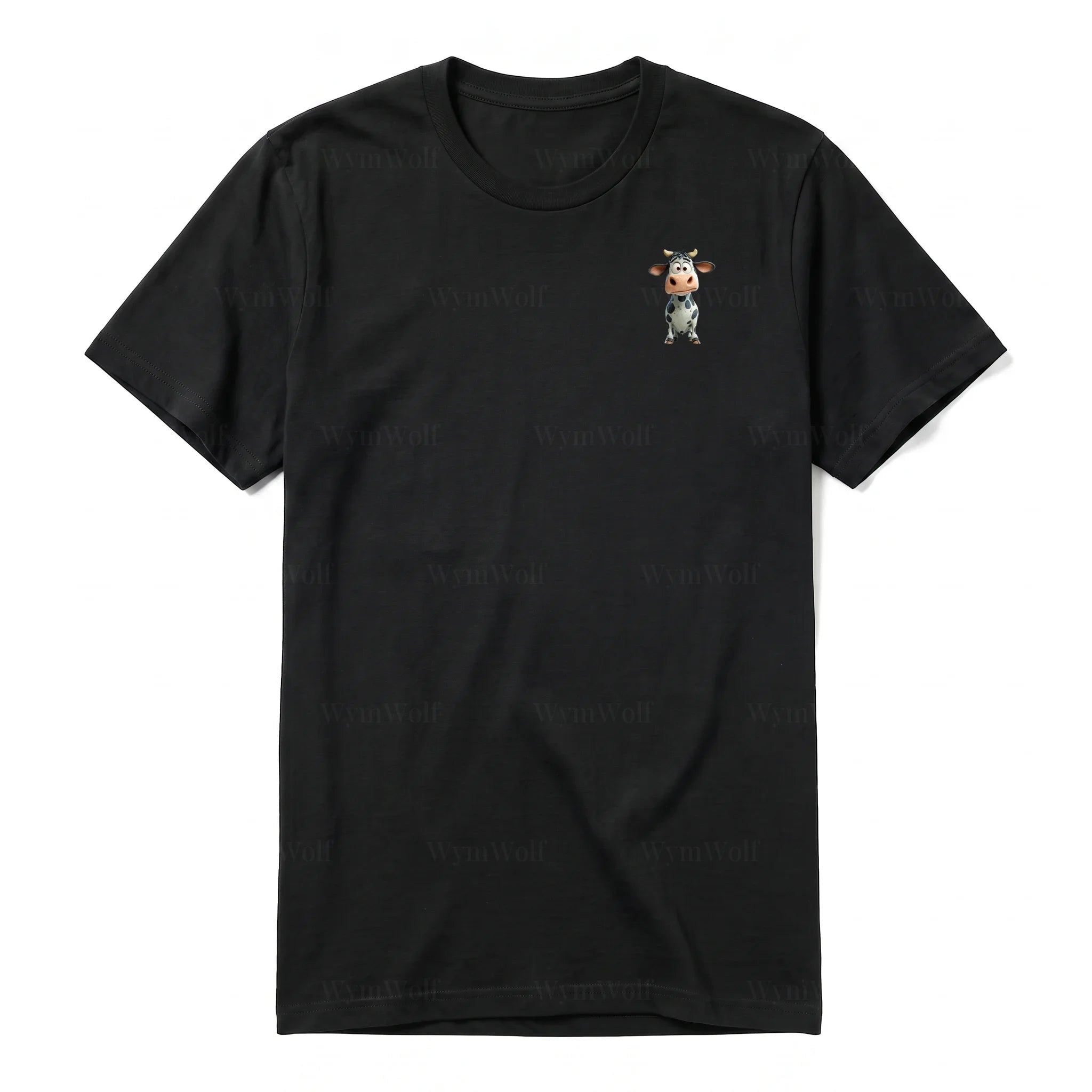 A black short-sleeve crewneck t-shirt for adult featuring a graphic of a farm animal on the left chest.