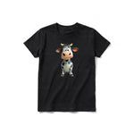 A black short-sleeve crewneck t-shirt for youth featuring a graphic of a farm animal on the front.