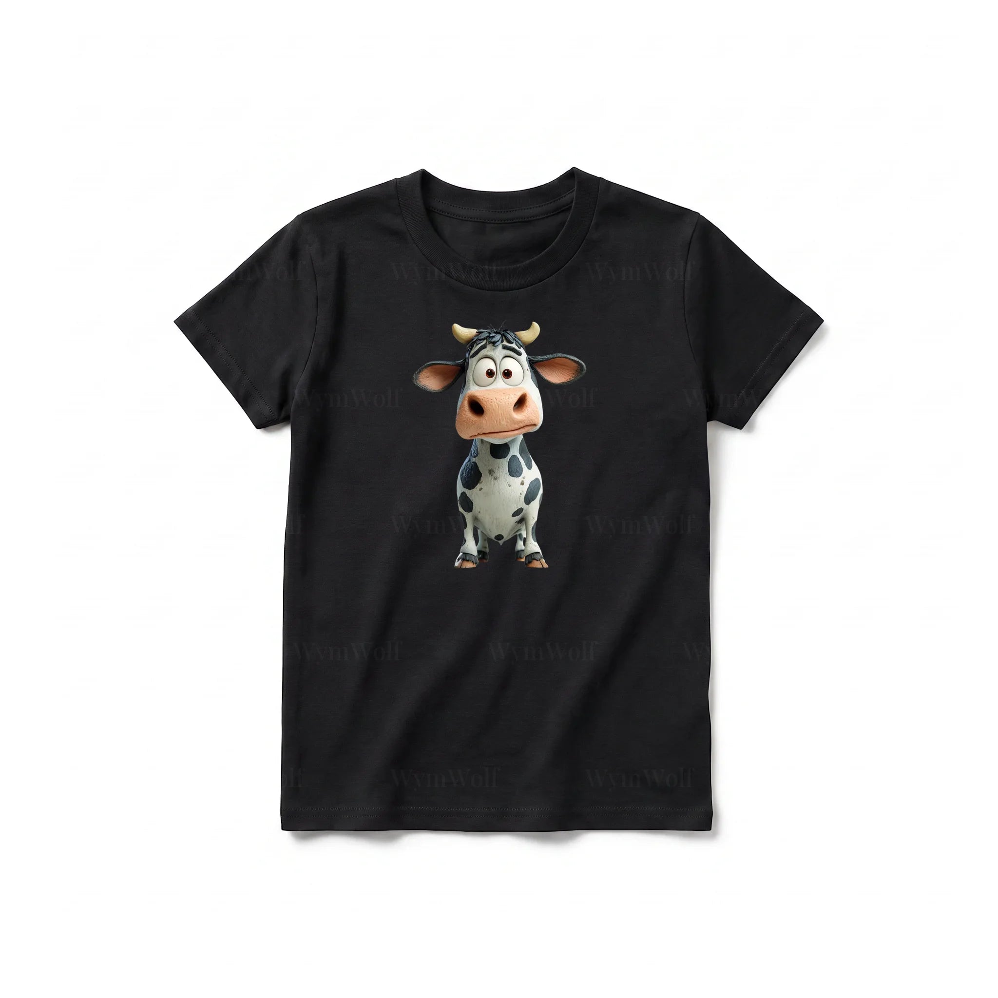 A black short-sleeve crewneck t-shirt for youth featuring a graphic of a farm animal on the front.