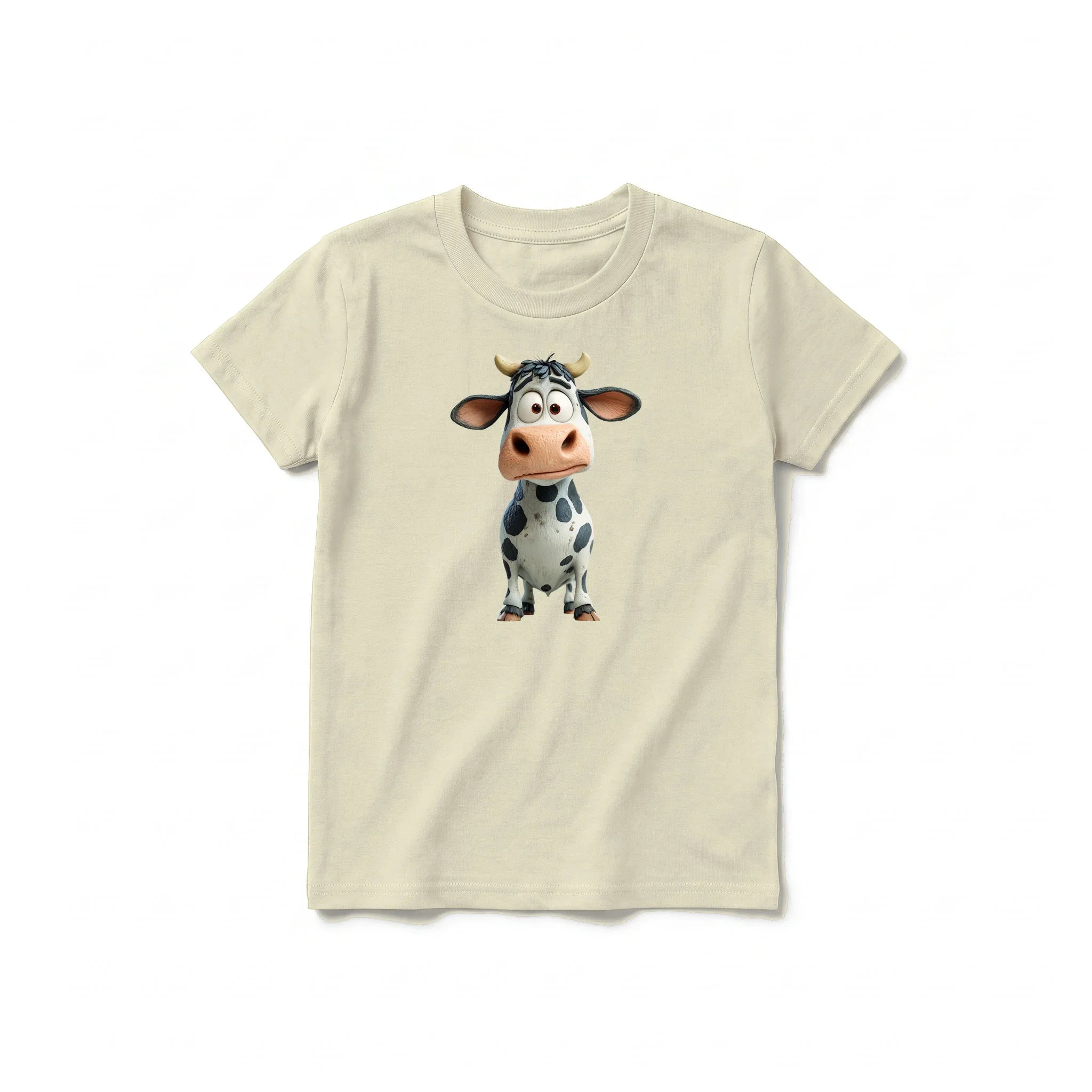 A latte short-sleeve crewneck t-shirt for youth featuring a graphic of a farm animal on the front.