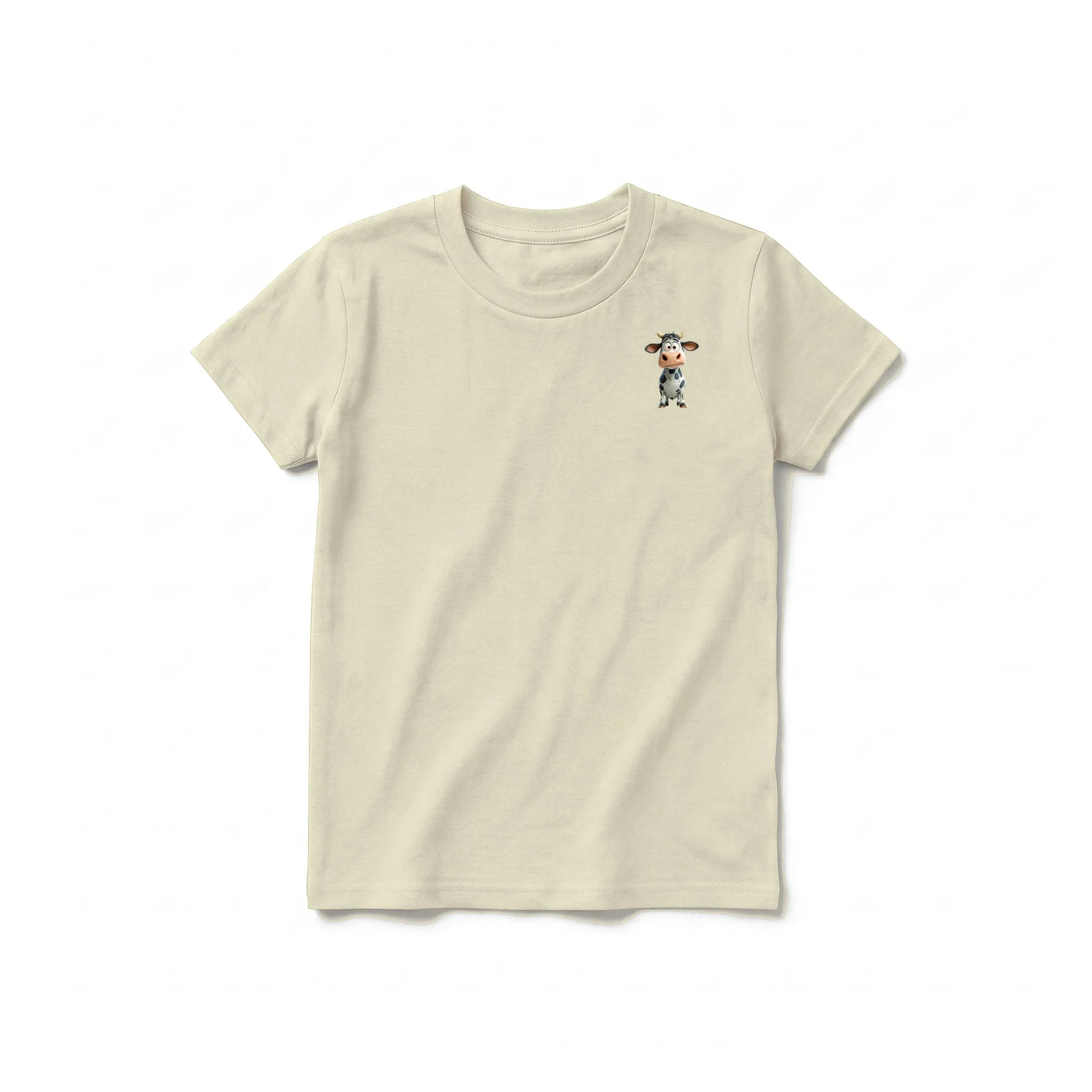 A latte short-sleeve crewneck t-shirt for youth featuring a graphic of a farm animal on the left chest.