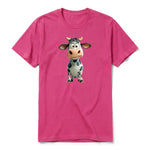 A raspberry short-sleeve crewneck t-shirt for adult featuring a graphic of a farm animal on the front.
